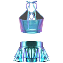 Load image into Gallery viewer, Women Shiny Metallic Punk Dance Costumes Halter Neck Hollow Out Backless Crop Top with Ruffle Mini Skirt Pole Dance Clothing Set