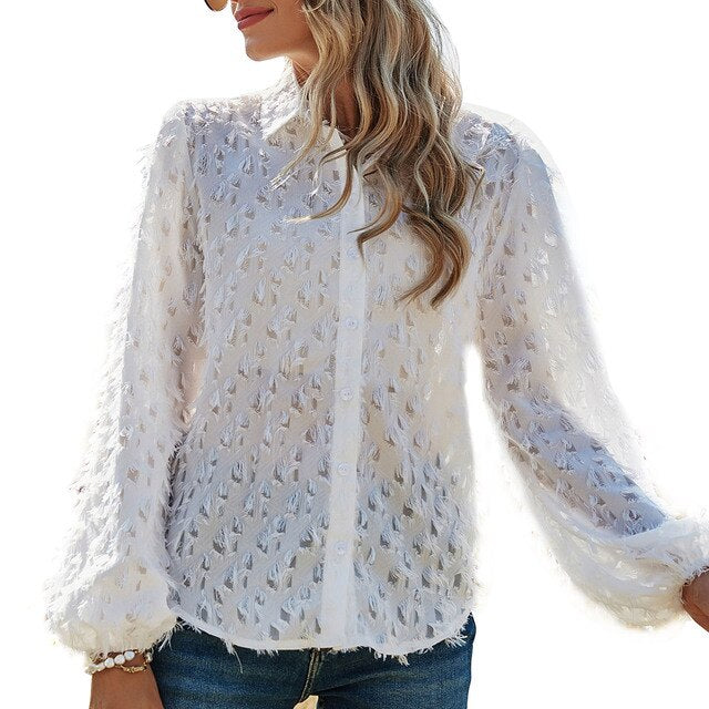 Women Shirt White Tassel Design Fashion Slim Fit Lady Tops Turn Down Collar Lantern Sleeve Elegant Casual Blusas Mujer Tops