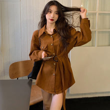 Load image into Gallery viewer, Women Shirts 2021 New Korean Fashion Elegant Retro Solid Color Lapel Single-breasted Loose Tie Waist Long-sleeved Shirt Top
