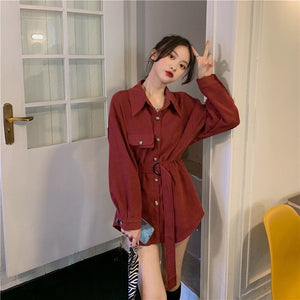 Women Shirts 2021 New Korean Fashion Elegant Retro Solid Color Lapel Single-breasted Loose Tie Waist Long-sleeved Shirt Top