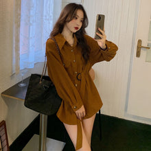 Load image into Gallery viewer, Women Shirts 2021 New Korean Fashion Elegant Retro Solid Color Lapel Single-breasted Loose Tie Waist Long-sleeved Shirt Top