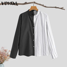 Load image into Gallery viewer, Women Shirts 2021 VONDA Sexy V Neck Long Sleeve Casual Striped Tops Casual Pleated Button Up Shirts Blouse Blusas Femininas