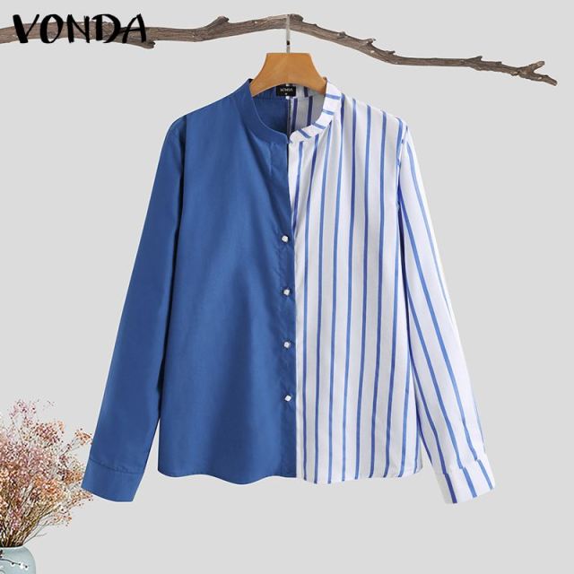 Women Shirts 2021 VONDA Sexy V Neck Long Sleeve Casual Striped Tops Casual Pleated Button Up Shirts Blouse Blusas Femininas