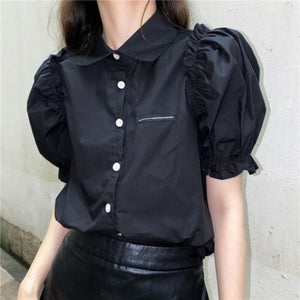 Women Shirts Short Puff Sleeve Trendy Casual Patch Designs Sweet Female Streetwear Korean Style Ruffles Lovely Blouses Elegant