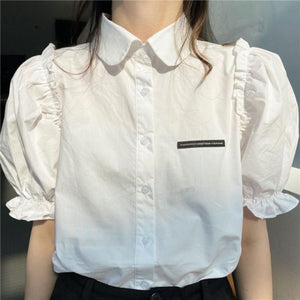 Women Shirts Short Puff Sleeve Trendy Casual Patch Designs Sweet Female Streetwear Korean Style Ruffles Lovely Blouses Elegant