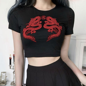 Women Short Sleeve Dragon Print T-shirt Summer Fashion Crop Top for Shopping Daily Wear