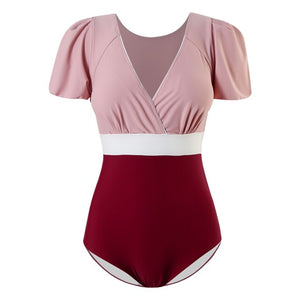 Women Short Sleeve One Piece Swimwear Padded Bathing Suit Solid Ruffle Monokini Push Up Swim Suit Korea Style V-neck