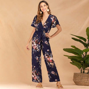 Women Short Sleeve Ruffle High Waist Floral Print Long Wide Leg Rompers Casual Elegant  V Neck Streetwear Loose Long Jumpsuits