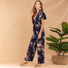 Load image into Gallery viewer, Women Short Sleeve Ruffle High Waist Floral Print Long Wide Leg Rompers Casual Elegant  V Neck Streetwear Loose Long Jumpsuits