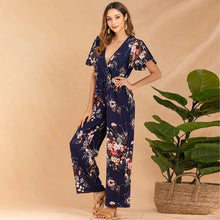 Load image into Gallery viewer, Women Short Sleeve Ruffle High Waist Floral Print Long Wide Leg Rompers Casual Elegant  V Neck Streetwear Loose Long Jumpsuits