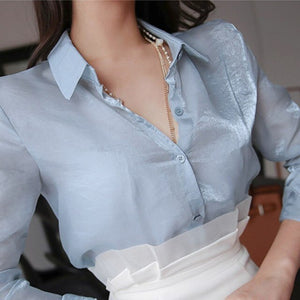 Women Skirt 2 Piece Set Fashion Blue OL Slim Shirt Office Lady Casual Shirt and White Slim Bodycon Work Skirt Spring Fall New