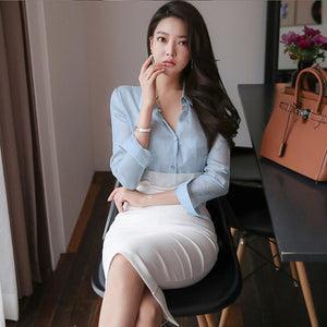 Women Skirt 2 Piece Set Fashion Blue OL Slim Shirt Office Lady Casual Shirt and White Slim Bodycon Work Skirt Spring Fall New