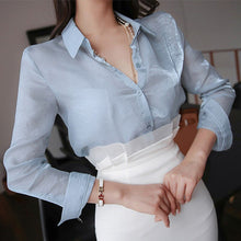 Load image into Gallery viewer, Women Skirt 2 Piece Set Fashion Blue OL Slim Shirt Office Lady Casual Shirt and White Slim Bodycon Work Skirt Spring Fall New