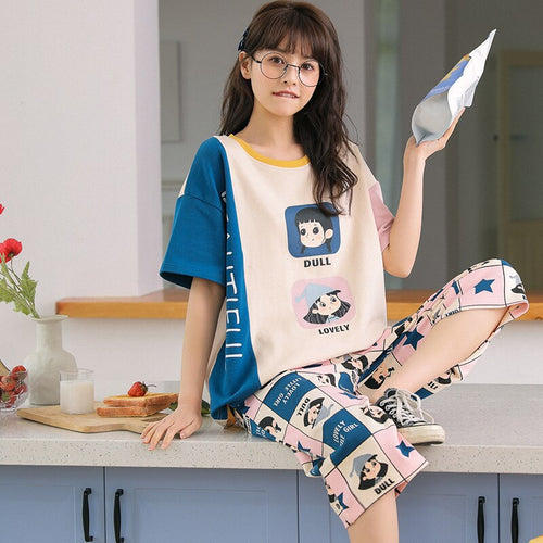 Women Sleepwear Summer Thin Cotton Short Sleeve Pajamas Girls Casual Capris Home Wear Set Sleep Lounge Wear Cute Nightgown Cloth