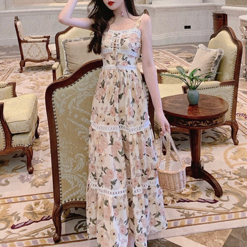 Women Sleeveless Summer Dress Floral Print Slash Neck Lace-up Spaghetti Strap Chiffon Dresses Ladies Long Dress Vestido De Mujer