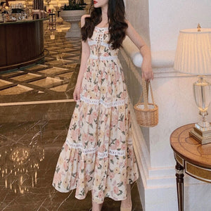Women Sleeveless Summer Dress Floral Print Slash Neck Lace-up Spaghetti Strap Chiffon Dresses Ladies Long Dress Vestido De Mujer