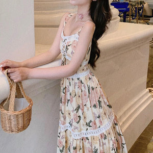 Women Sleeveless Summer Dress Floral Print Slash Neck Lace-up Spaghetti Strap Chiffon Dresses Ladies Long Dress Vestido De Mujer