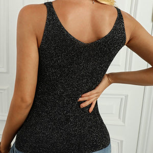 Women Sleeveless Tank Tops Sexy Female V-Neck Knitted Camisole Club Girls Metal Strap Camis Thin Shiny Glitter Bling