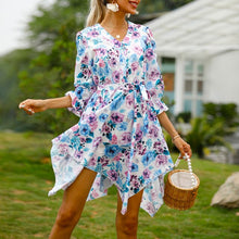 Load image into Gallery viewer, Women Slim Floral Print Irregular Boho Dress Elegant Female Vestido Fashion Party V Neck  Half Sleeve Dress Summer Beach Dresses