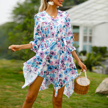 Load image into Gallery viewer, Women Slim Floral Print Irregular Boho Dress Elegant Female Vestido Fashion Party V Neck  Half Sleeve Dress Summer Beach Dresses
