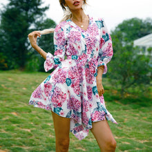 Load image into Gallery viewer, Women Slim Floral Print Irregular Boho Dress Elegant Female Vestido Fashion Party V Neck  Half Sleeve Dress Summer Beach Dresses