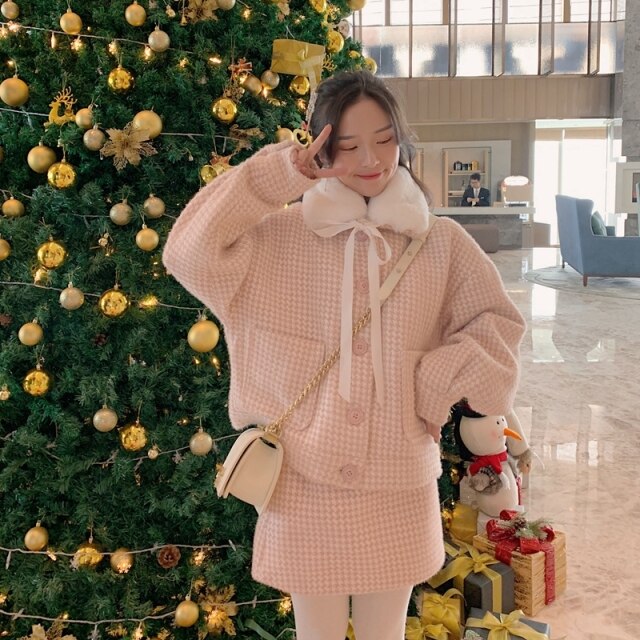 Women Small Fragrance Suit Plus Cotton Thick Winter Rabbit Fur Collar Woolen Female Short Coat Short Skirt Two-Piece Suit/Sets