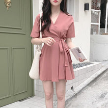 Load image into Gallery viewer, Women Solid A-Line Kawaii Dress Korean V-Neck Short Sleeve Party Dress Summer Ladies Empire Above Knee Vestidos Cute Clothing