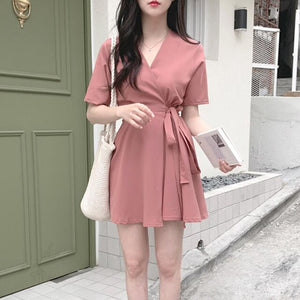 Women Solid A-Line Kawaii Dress Korean V-Neck Short Sleeve Party Dress Summer Ladies Empire Above Knee Vestidos Cute Clothing