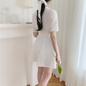 Women Solid A-Line Kawaii Dress Korean V-Neck Short Sleeve Party Dress Summer Ladies Empire Above Knee Vestidos Cute Clothing