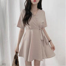 Load image into Gallery viewer, Women Solid A-Line Kawaii Dress Korean V-Neck Short Sleeve Party Dress Summer Ladies Empire Above Knee Vestidos Cute Clothing