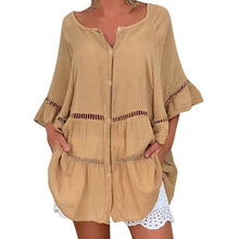 Load image into Gallery viewer, Women Solid Cotton And Linen Tops Blouse Casual Loose Hollow Out V-neck Blouses Shirts White Blusas Ladies Large Size Tunic Топ