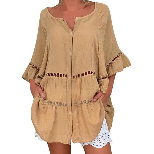 Women Solid Cotton And Linen Tops Blouse Casual Loose Hollow Out V-neck Blouses Shirts White Blusas Ladies Large Size Tunic Топ