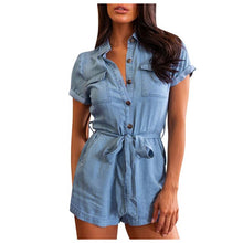 Load image into Gallery viewer, Women Solid Female Jumpsuit Lapel Denim Short-sleeved Rompers Loose Casual Short Jumpsuits Pants Overalls For Women Clothes