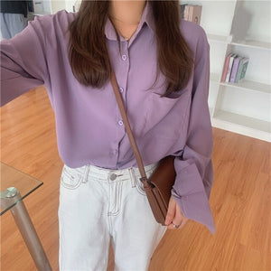 Women Solid Shirt Chic Summer Office Ladies Casual Tops And Shirts Female Korean Long Sleeves Blouses Pocket Shirts