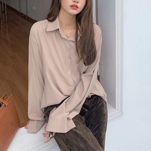 Women Solid Shirt Chic Summer Office Ladies Casual Tops And Shirts Female Korean Long Sleeves Blouses Pocket Shirts