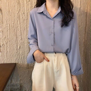 Women Solid Shirt Summer Ladies Casual Cardigans Tops And Shirts Female Korean Long Sleeves Blouses Chic Pocket Shirts