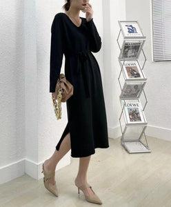 Women Solid V-neck Long Dress Autumn Sexy Elegant Side Split Belted Plush Dress Winter Fashion Long Sleeve Office Lady Dresses