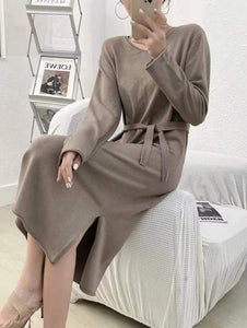 Women Solid V-neck Long Dress Autumn Sexy Elegant Side Split Belted Plush Dress Winter Fashion Long Sleeve Office Lady Dresses