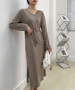 Women Solid V-neck Long Dress Autumn Sexy Elegant Side Split Belted Plush Dress Winter Fashion Long Sleeve Office Lady Dresses