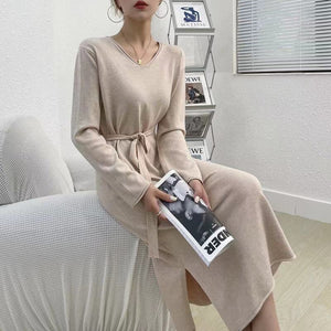 Women Solid V-neck Long Dress Autumn Sexy Elegant Side Split Belted Plush Dress Winter Fashion Long Sleeve Office Lady Dresses