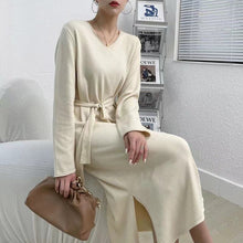 Load image into Gallery viewer, Women Solid V-neck Long Dress Autumn Sexy Elegant Side Split Belted Plush Dress Winter Fashion Long Sleeve Office Lady Dresses