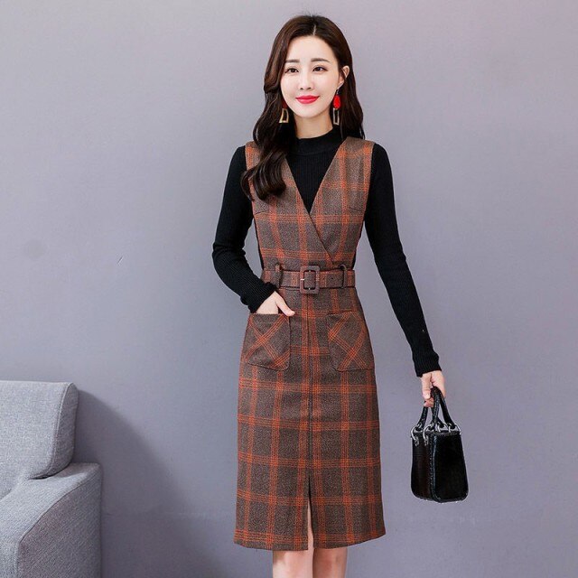 Women Spring And Autumn Workwear Plaid Woolen Vest Dress Base Sweater Two-Piece Sets