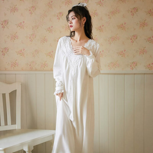Women Spring Autumn 100% Cotton Full Sleeves Nightdress Sexy V-Neck Long Style Nightie Loose Design Princess Nightgown Sleepwear