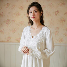 Load image into Gallery viewer, Women Spring Autumn 100% Cotton Full Sleeves Nightdress Sexy V-Neck Long Style Nightie Loose Design Princess Nightgown Sleepwear