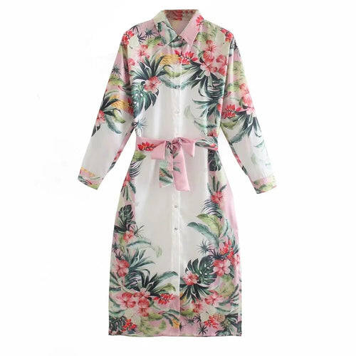 Women Spring Fashion Print With Belt Shirt Midi Dress 2021 Woman Elegant Robe Long Sleeve Button Casual Position floral Dresses