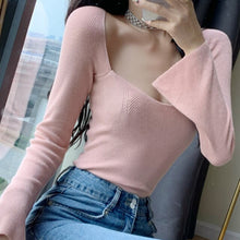 Load image into Gallery viewer, Women Square Collar Sweater Vintage Lady Autumn Winter Korean Casual Solid Slim Pullovers Female Elegant Knitting Streetwear
