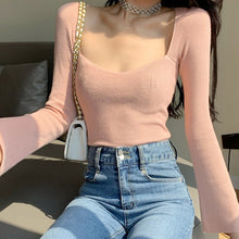 Load image into Gallery viewer, Women Square Collar Sweater Vintage Lady Autumn Winter Korean Casual Solid Slim Pullovers Female Elegant Knitting Streetwear