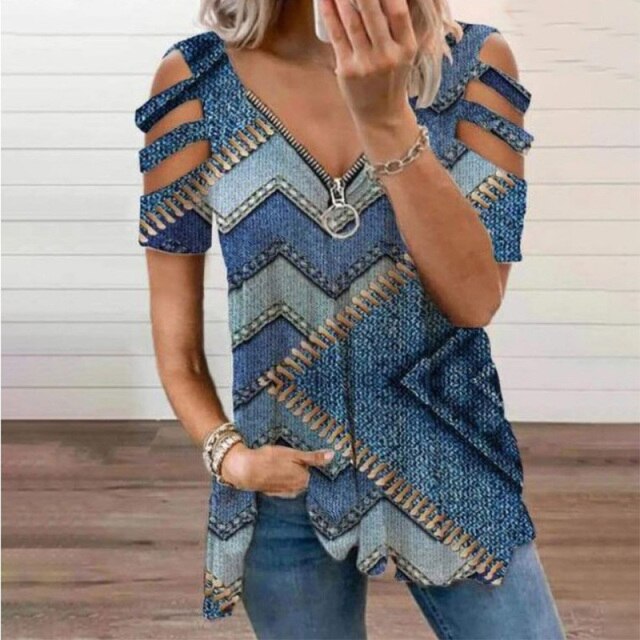 Women Strapless V Neck Print Sexy Deep Low Cut Tops Blouse Shirt Out Zipper Short Sleeve Casual Pullover Summer Plus Size Blusa