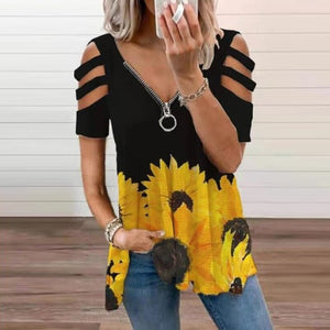 Women Strapless V Neck Print Sexy Deep Low Cut Tops Blouse Shirt Out Zipper Short Sleeve Casual Pullover Summer Plus Size Blusa