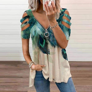 Women Strapless V Neck Print Sexy Deep Low Cut Tops Blouse Shirt Out Zipper Short Sleeve Casual Pullover Summer Plus Size Blusa